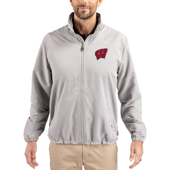 Men's Cutter & Buck Gray Wisconsin Badgers Charter Eco Recycled Full-Zip Jacket