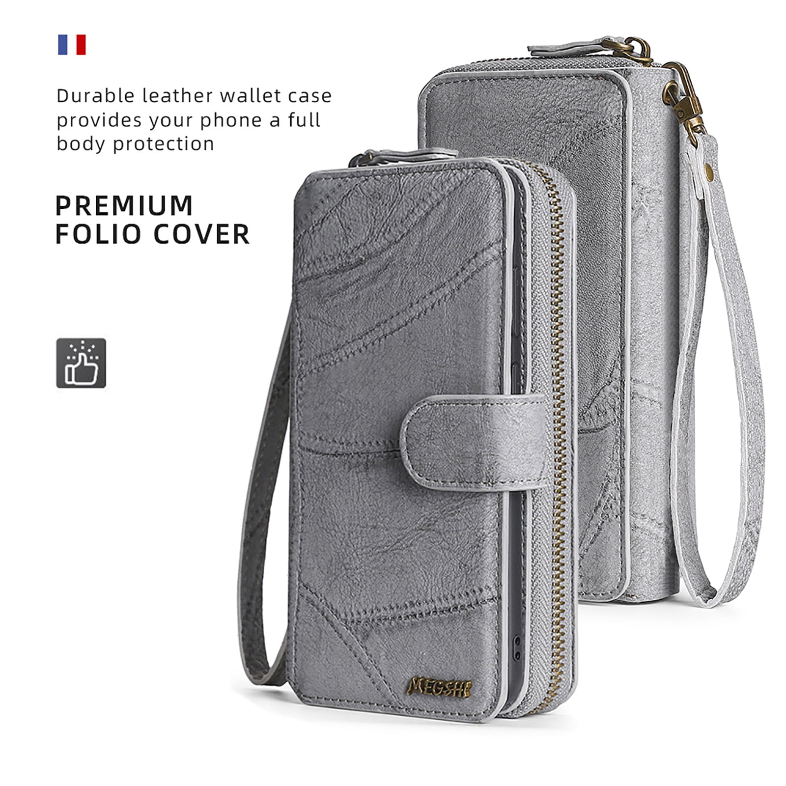 For Samsung Galaxy A15 Wallet Case with RFID Blocking Credit Card Holder, Detachable Wallet Phone Case Magnetic Closure Flip Kickstand PU Leather Flip Lanyard Strap Wristlet Zipper Purse,Gray