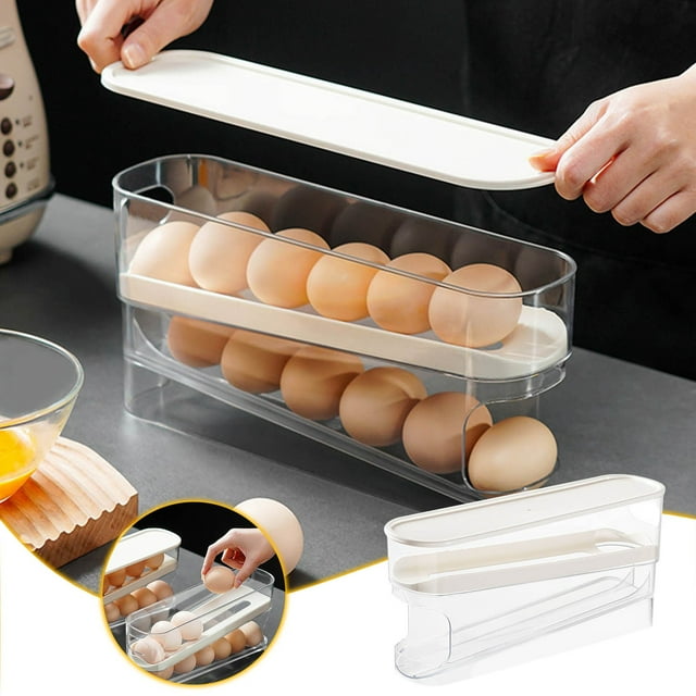 Aodebiao Kitchen Egg Storage Carton Refrigerator Side Door Organizer,Auto-Rolling Egg Dispenser Tray, Space-Saving Fridge Rack for Fresh Eggs,Fridge organizer,egg container,egg keeper