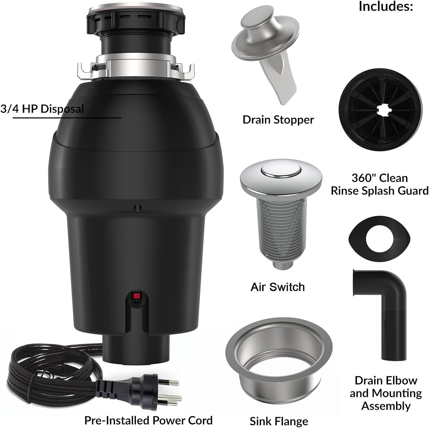 Garvee 3/4 HP Garbage Disposal with Air Switch, 4-Stage Grinding, 3500 RPM, Quiet Food Waste Disposer, Stainless Steel & ABS, for Kitchen, Matte Black