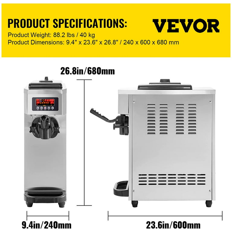 VEVOR Commercial Ice Cream Maker Single Flavor 4.7 - 5.3 Gallons Per Hour  Soft-Serve Ice Cream Machine 1800W with LCD Panel, Stainless Steel 