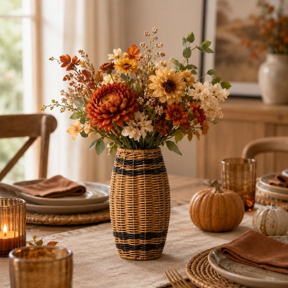 Decorative Vase 9 Inch Woven Boho Home Decor Rustic Farmhouse Accent for Living Room Tabletop Display Flower Arrangement Brown Stripe Hand Woven Ornament, 1 Pack