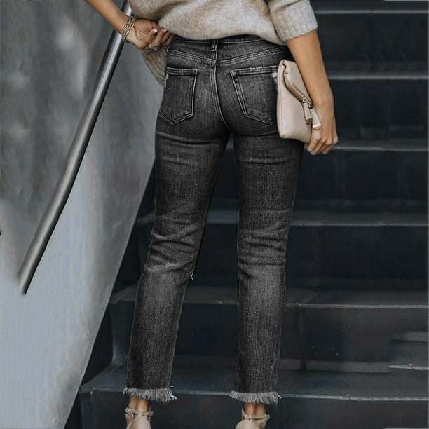 Womens Skinny Ripped Jeans Mid Rise Destroyed Raw Hem Straight Leg