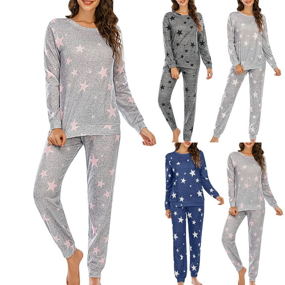 YHAJDS Winter Casual Pajama Suits For Women,Sleepwear Sets For Women Star Print Long Sleeve Round Neck Top And Elastic Waist Pants Matching Pajama Set