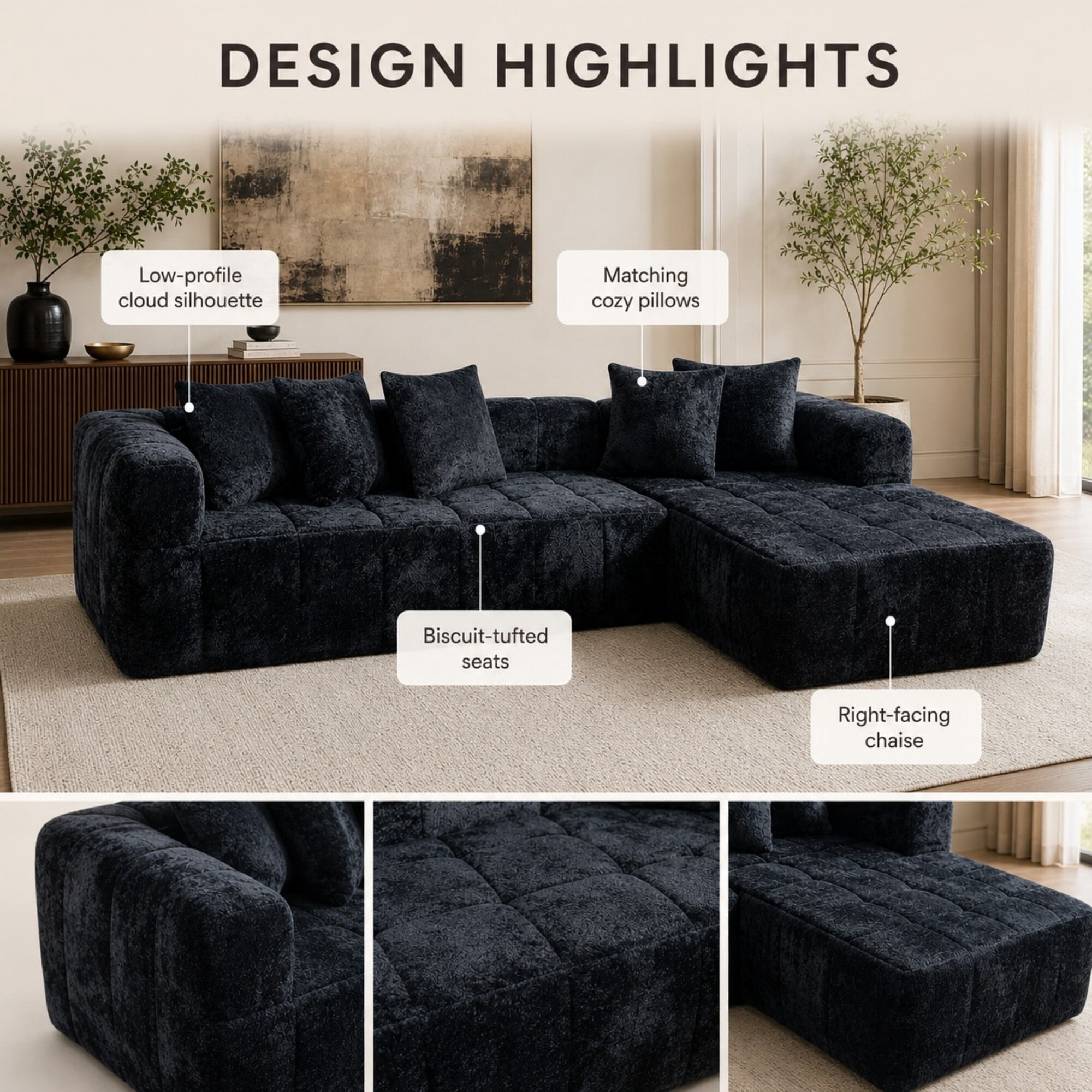 DEALTOPS 108" Cloud Sectional Sofa, 4-Seat Boucle L-Shaped Couch, No Assembly, Black Right-Facing Chaise