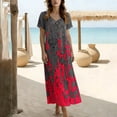 thumbnail image 6 of Pounoo Women's Maxi Dresses V Neck Short Sleeve Dresses Boho Vacation Style Lightweight Breathable Vintage Floral Print Side Slit Loose Fit Dresses Gift, 6 of 7