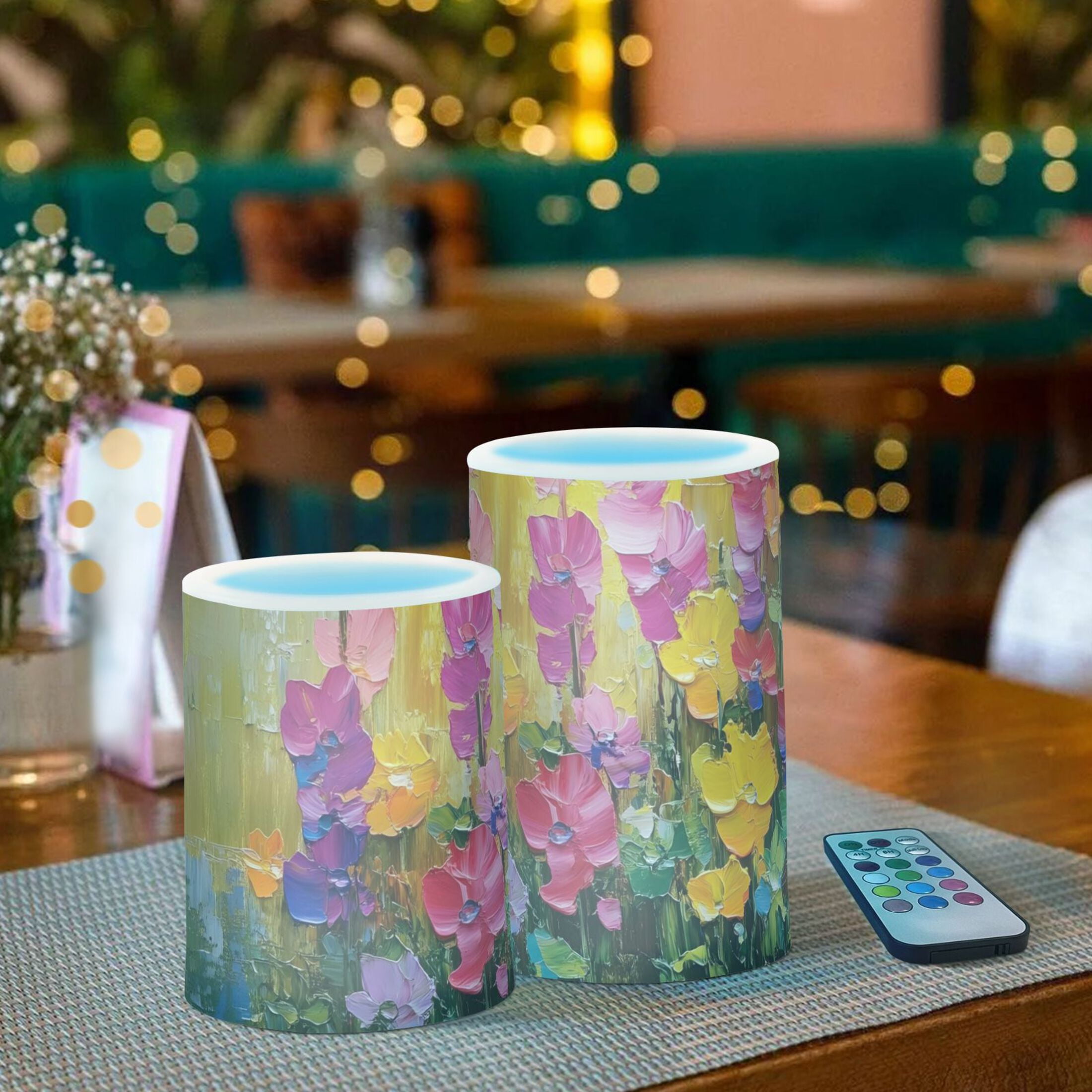 Spring Flowers in Bloom Flickering Flameless Candles Battery Operated with Remote Timer LED Pillar Candles Set of 2