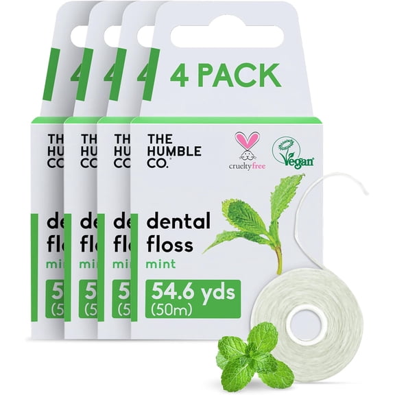 The Humble Co. Dental Floss (4pack) - Vegan, Eco Friendly, Sustainable Waxed Dental Floss with Natural Xylitol, 55 Yards of Adult and Kids Floss for Gum Care and Dental Care (Mint)