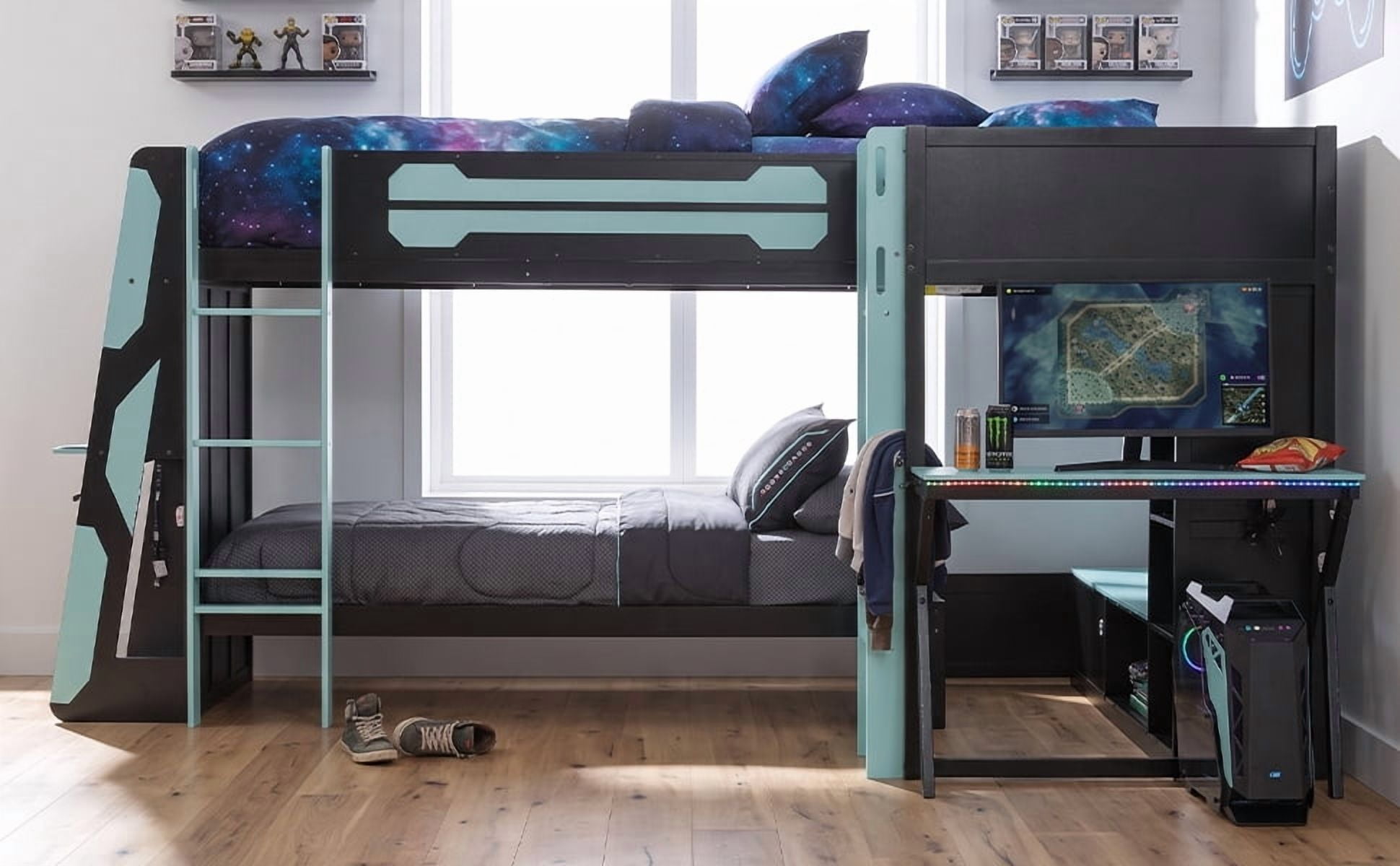 Mintazer L-Shaped Triple Twin Gaming Bunk Bed with 2 Gaming Desks & RGB LED Lights, Triple Bed Frame with USB Charging, TV Stand & Storage Shelves for Bedroom, Black & Green