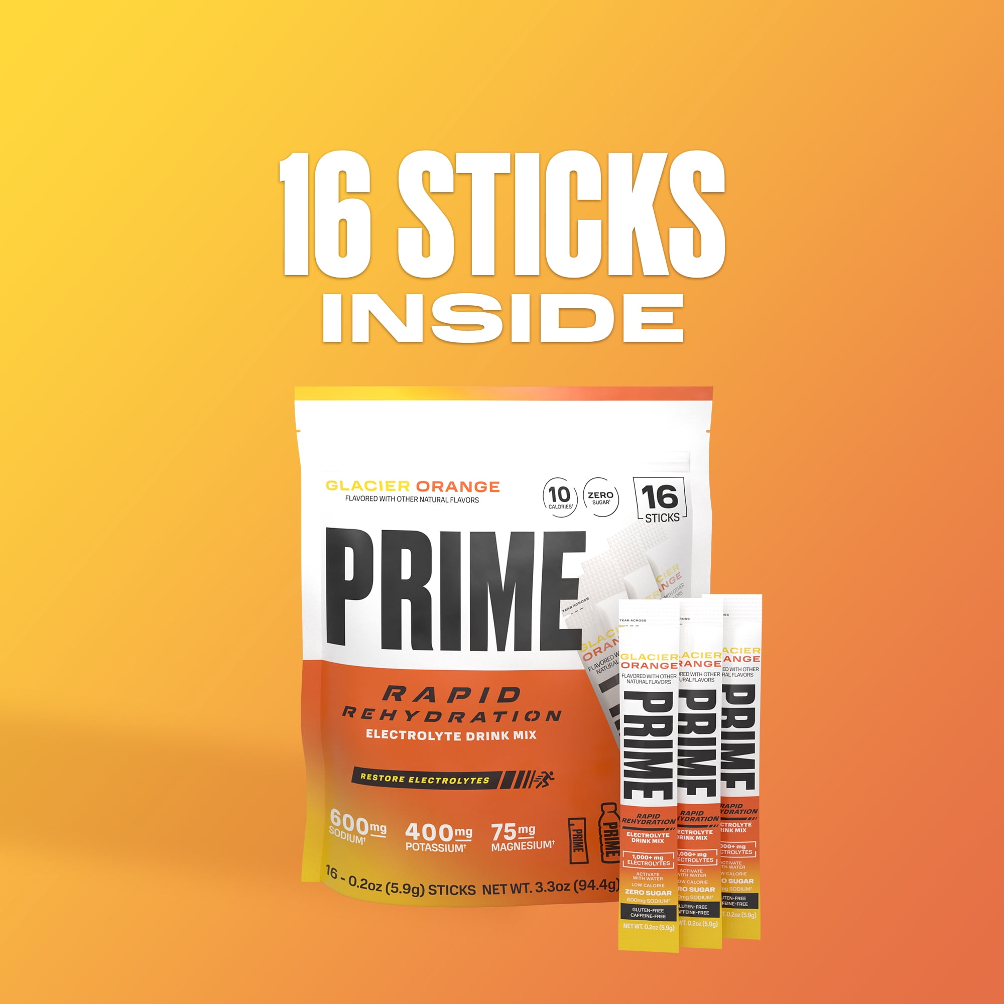 Prime Rapid Rehydration Sticks, Glacier Orange, 16ct, Bag