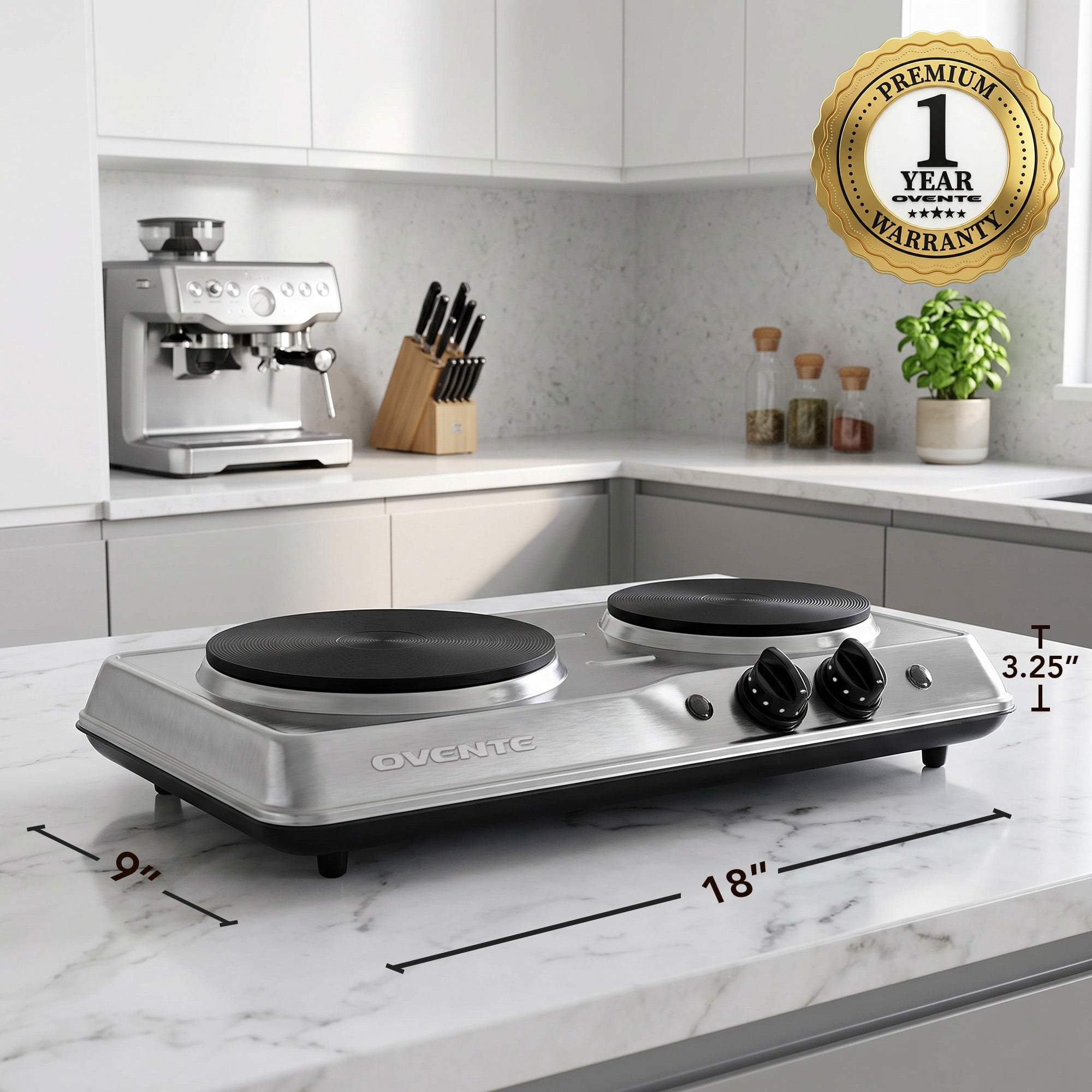 OVENTE Electric Countertop Double Burner, 1700W Cooktop with 7.25" and 6.10" Cast Iron Hot Plates, Temperature Control, Portable Cooking Stove and Easy to Clean Stainless Steel Base, Silver BGS102S