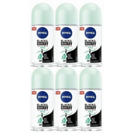 Nivea Black & White Invisible Fresh Deodorant for Women, Roll-On 1.7oz(50ml) (Pack of 6)