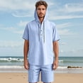 thumbnail image 2 of NAFUU Men's Hawaiian Matching Set New Mens Solid Color Linen Hooded Casual Short Sleeved Beach Shorts Two Piece Suit Athletic Jogging Tracksuit, 2 of 9