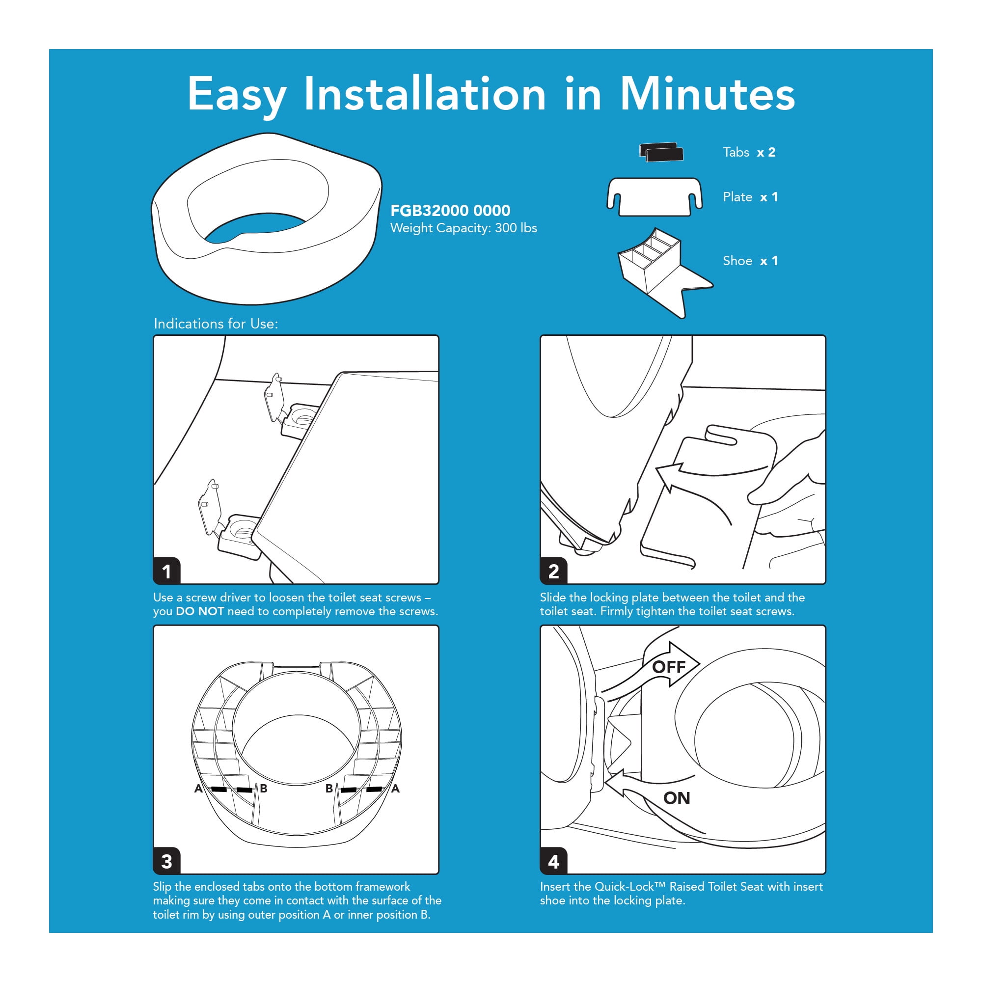 Carex Raised Toilet Seat with Quick Lock, Adds 4 in Height, White, 300 lb Limit