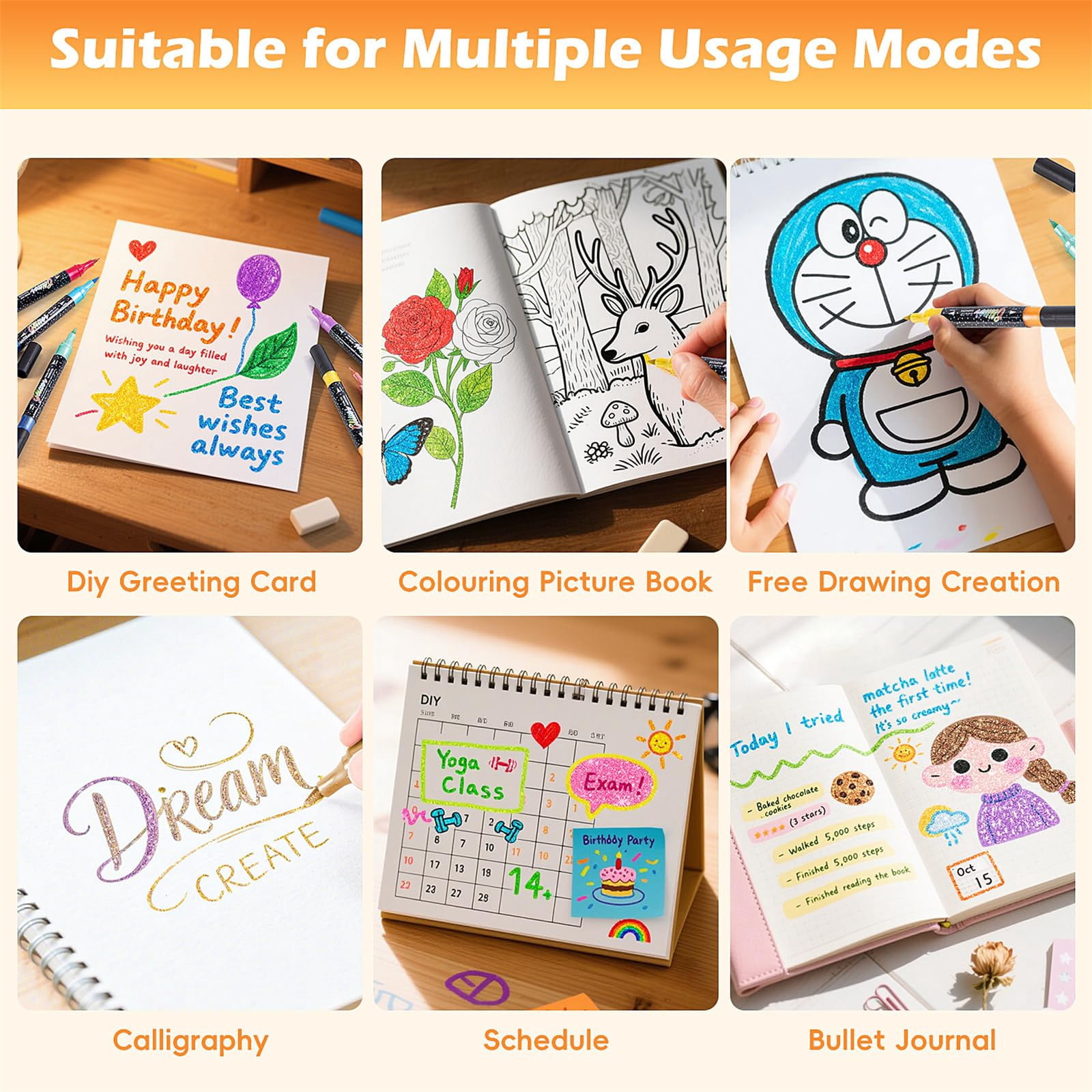 Glitter Markers, Dual Tip Brush Pens with Sparkle Ink for DIY Crafts Card Making Doodling
