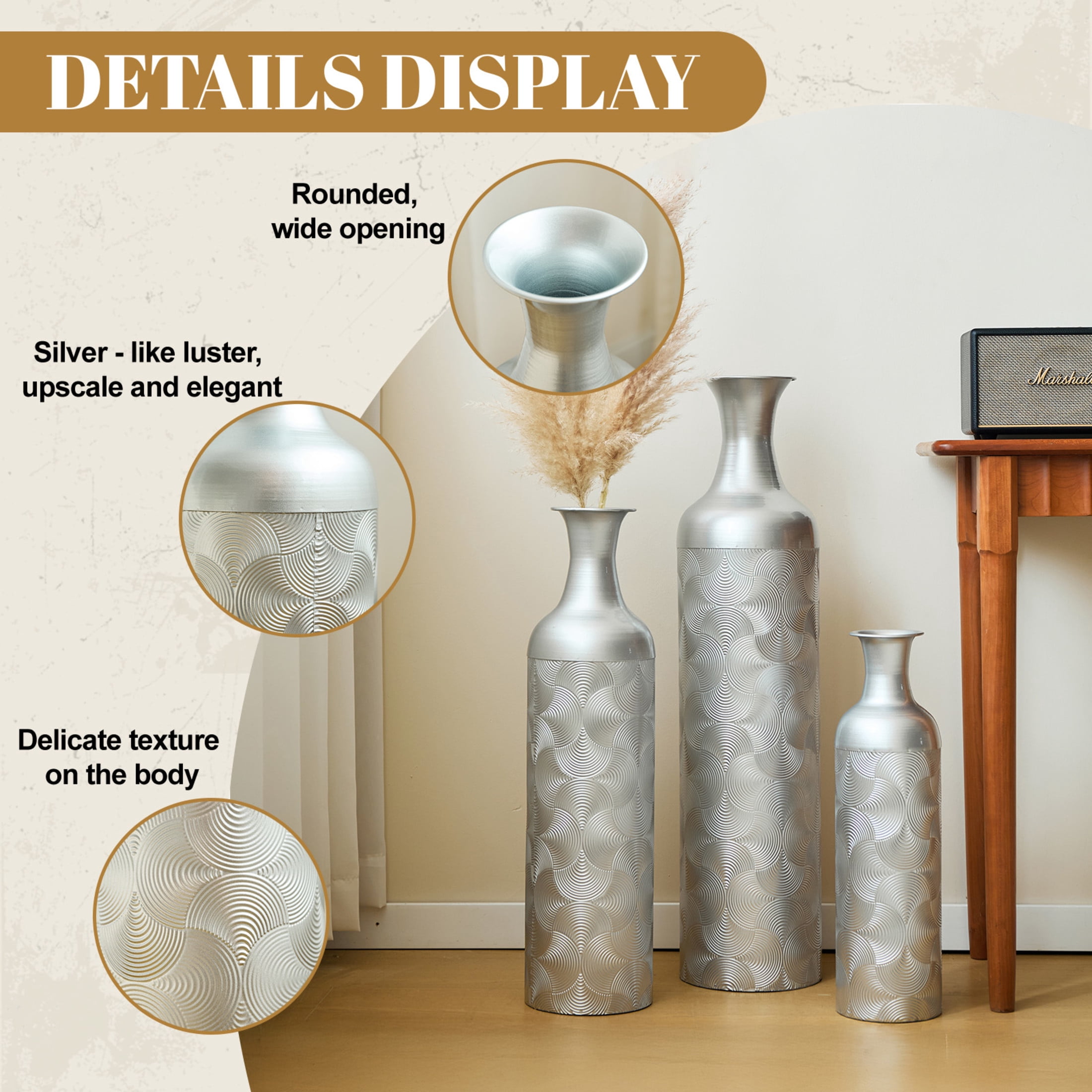 Noble House 3-Piece Metal Floor Vase Set, 32.68", 25.98", 19.69" Decorative Vases with Wave Pattern, Silver