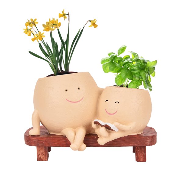Pot de Plante Visage Smily Mignon en Résine Tête de Fleur Jardinière pour Intérieur Extérieur Unique Chaise Assise Succulente