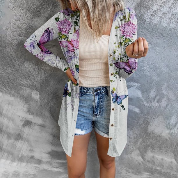 Puntoco - Abrigo estampado a la moda para mujer, cárdigan de manga larga, blusa informal holgada, tops, liquidación Puntoco Puntoco-580