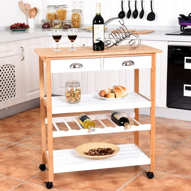 Bamboo Rolling Kitchen Storage Utility Cart w/ Drawers ...
