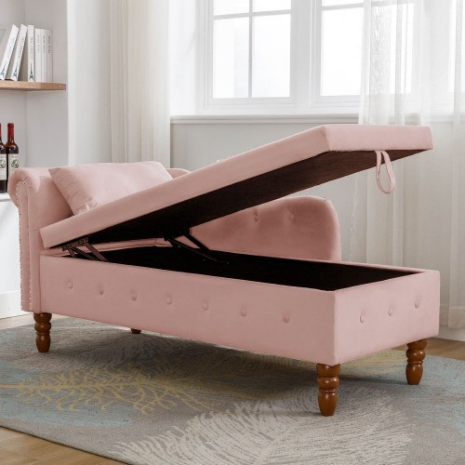 Velvet Chaise Lounge Chair with Storage, Upholstered Chesterfield Lounge Chair with Rolled Arm, Tufted Back, Pillow & Hidden Storage for Living Room, Bedroom & Office, Pink