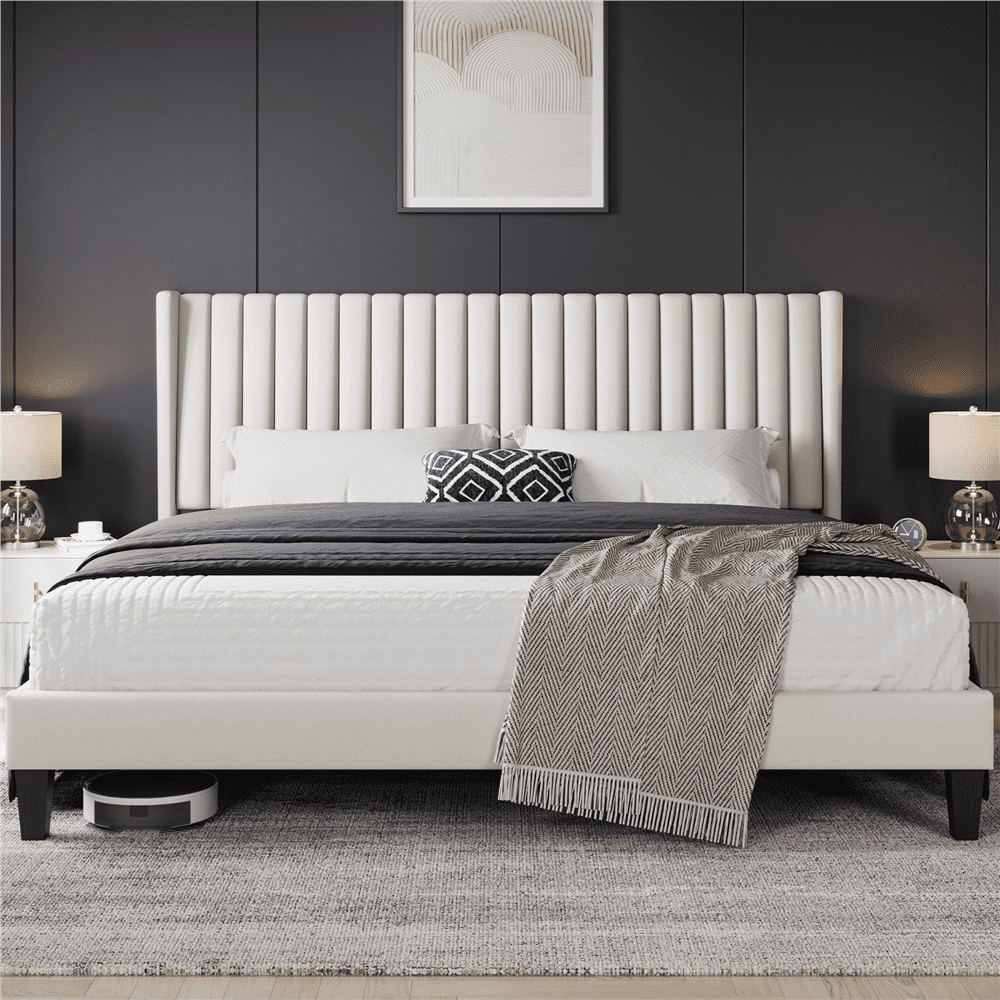 Renwick Wingback Upholstered Platform Bed Frame, King, Ivory
