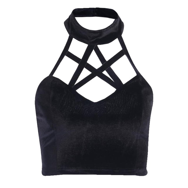 Top corto gótico Cosplay ropa de calle Halter tanque espalda descubierta Punk camisola camiseta L Zulema Camiseta sin mangas de terciopelo con tirantes