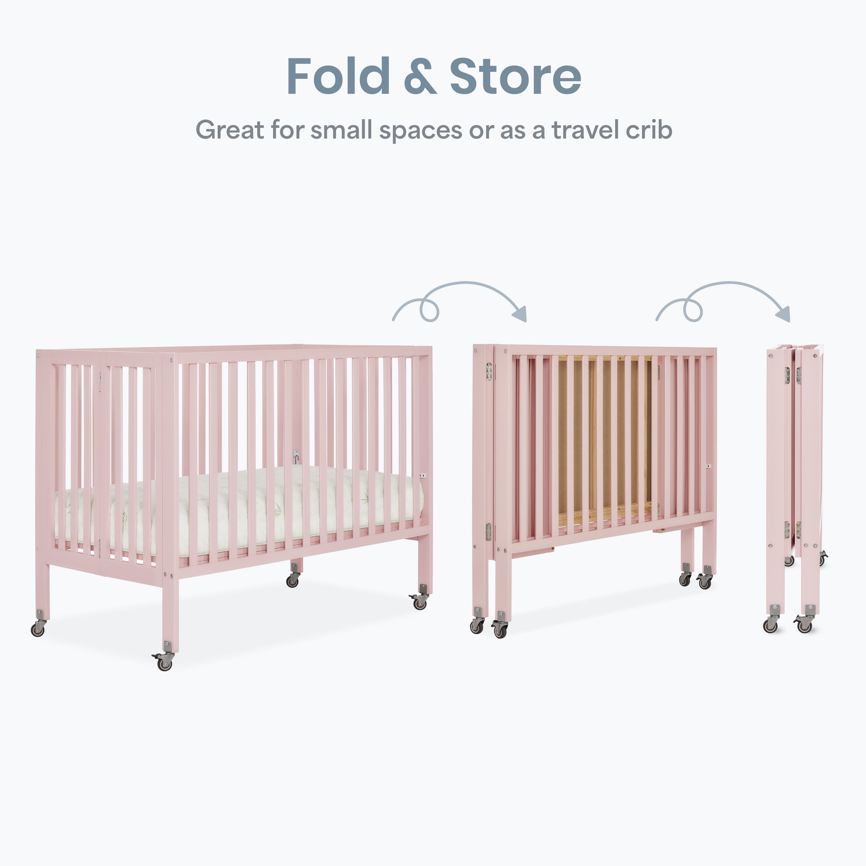 Dream On Me Quinn Full-Size Folding Crib, Patent Folding System in Blush Pink