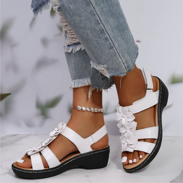 MKLEKYY Sandalias Ortopédicas para Mujer, Cómodas Sandalias Casuales para Verano, Playa, Vacaciones, Tacón Bajo, Punta Abierta, Diseño Floral, Zapatos para Caminar