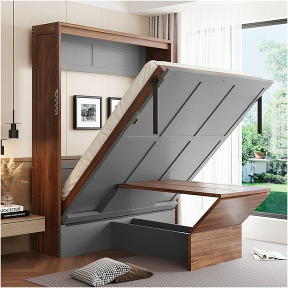 JERFIT Full Murphy Bed Wall Bed with Fold Down Desk, Space Saving Cabinet Bed for Small Spaces, Gray and Walnut Finish