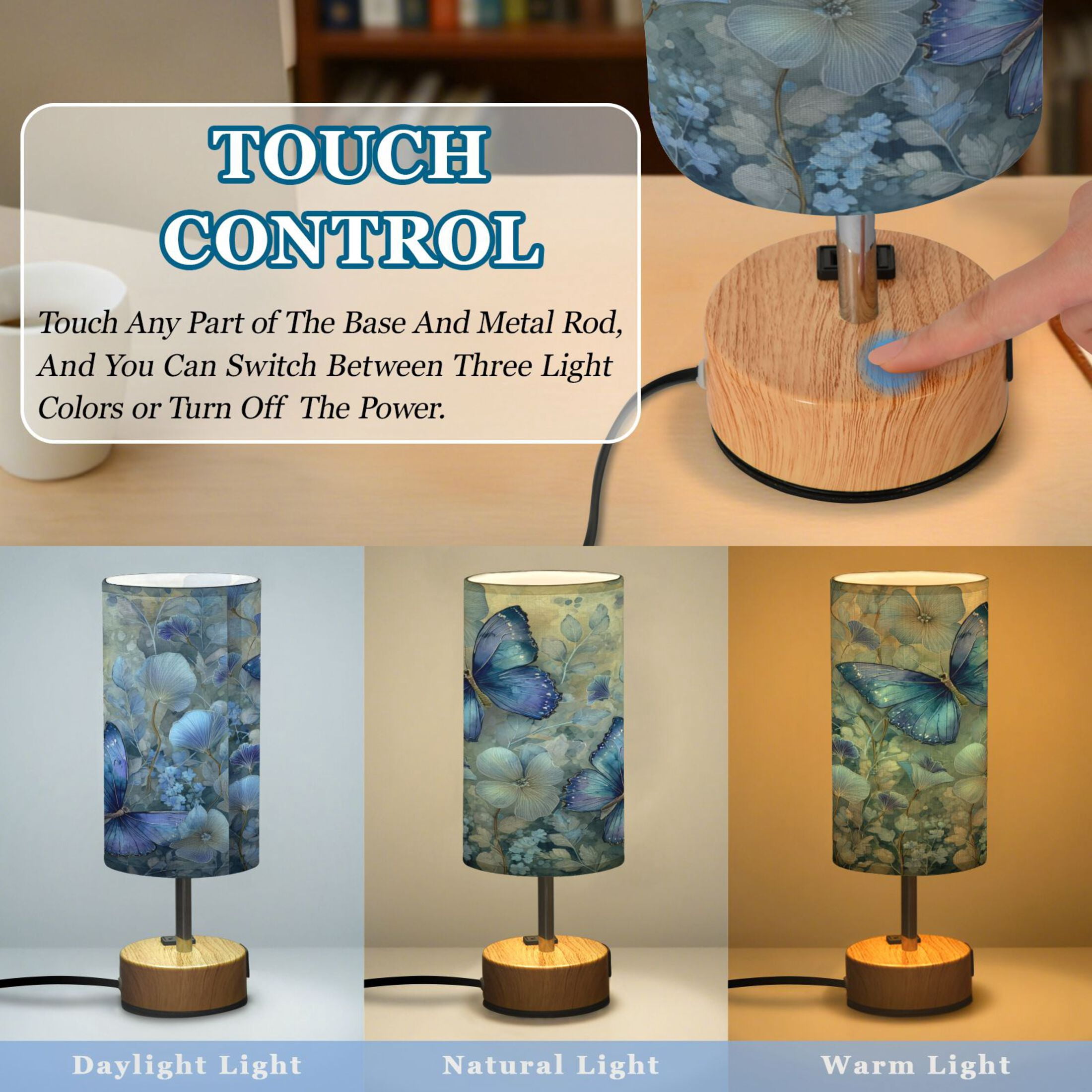 Wobogo Butterfly Floral Bedside Lamp Touch Control Table Lamp with USB A+C Charging Ports & AC Outlet 3-Way Dimmable Nightstand Lamp with Linen Fabric Shade for Bedroom Living Room