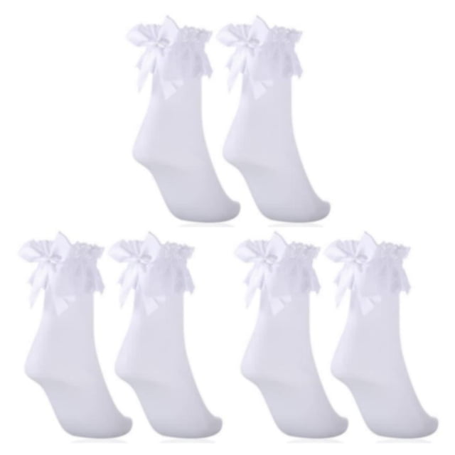 relayinert White Lightweight Women Lace Socks With Bow For Chic Look Stretchy Opaque Ruffle Lace Socks 3Set