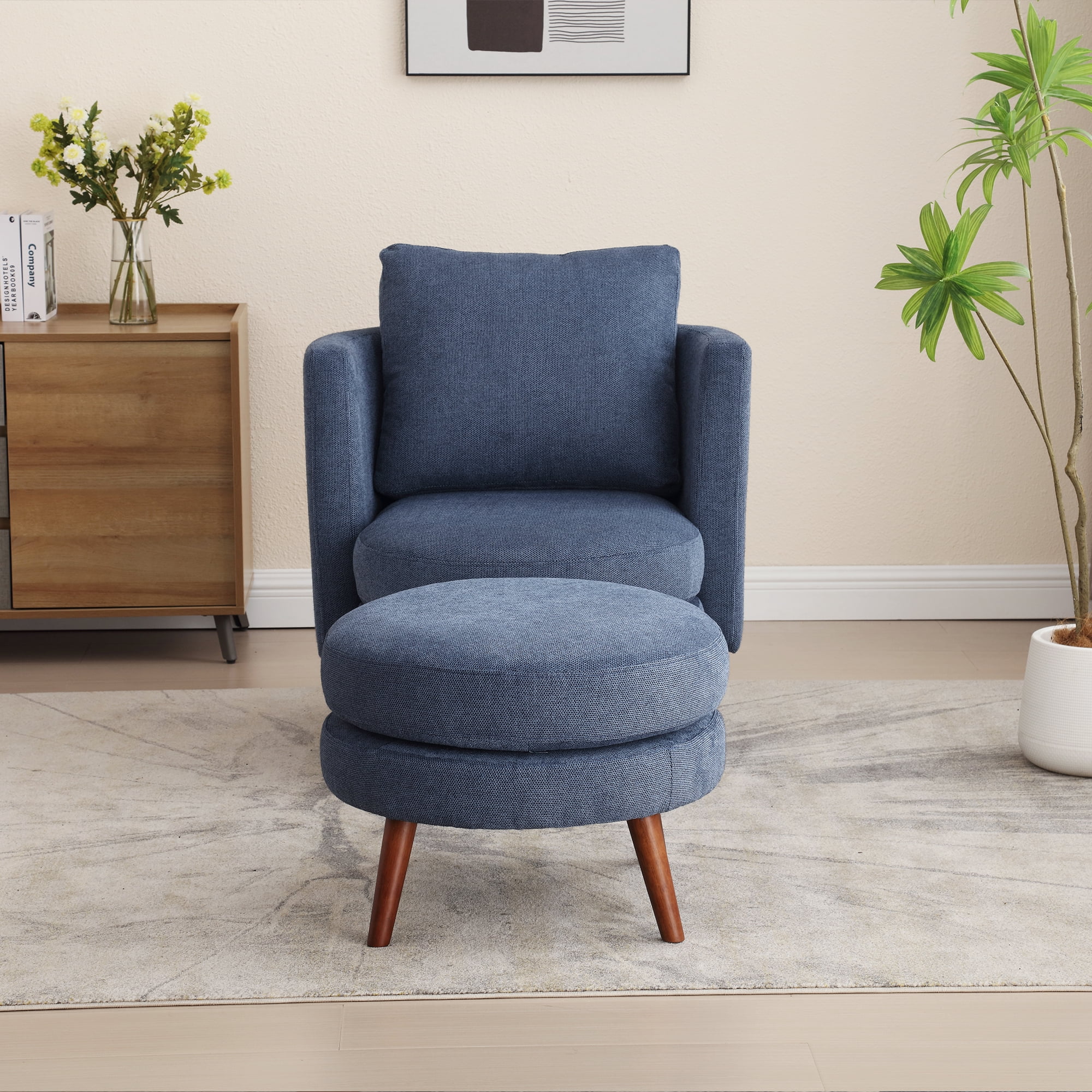 30.7"W Accent Chair with Ottoman,Upholstered Single Sofa with Throw Pillow & High Armrest,Comfort Reading Chair with Wooden Leg for Living Room Bedroom Dorm Room Office,Navy