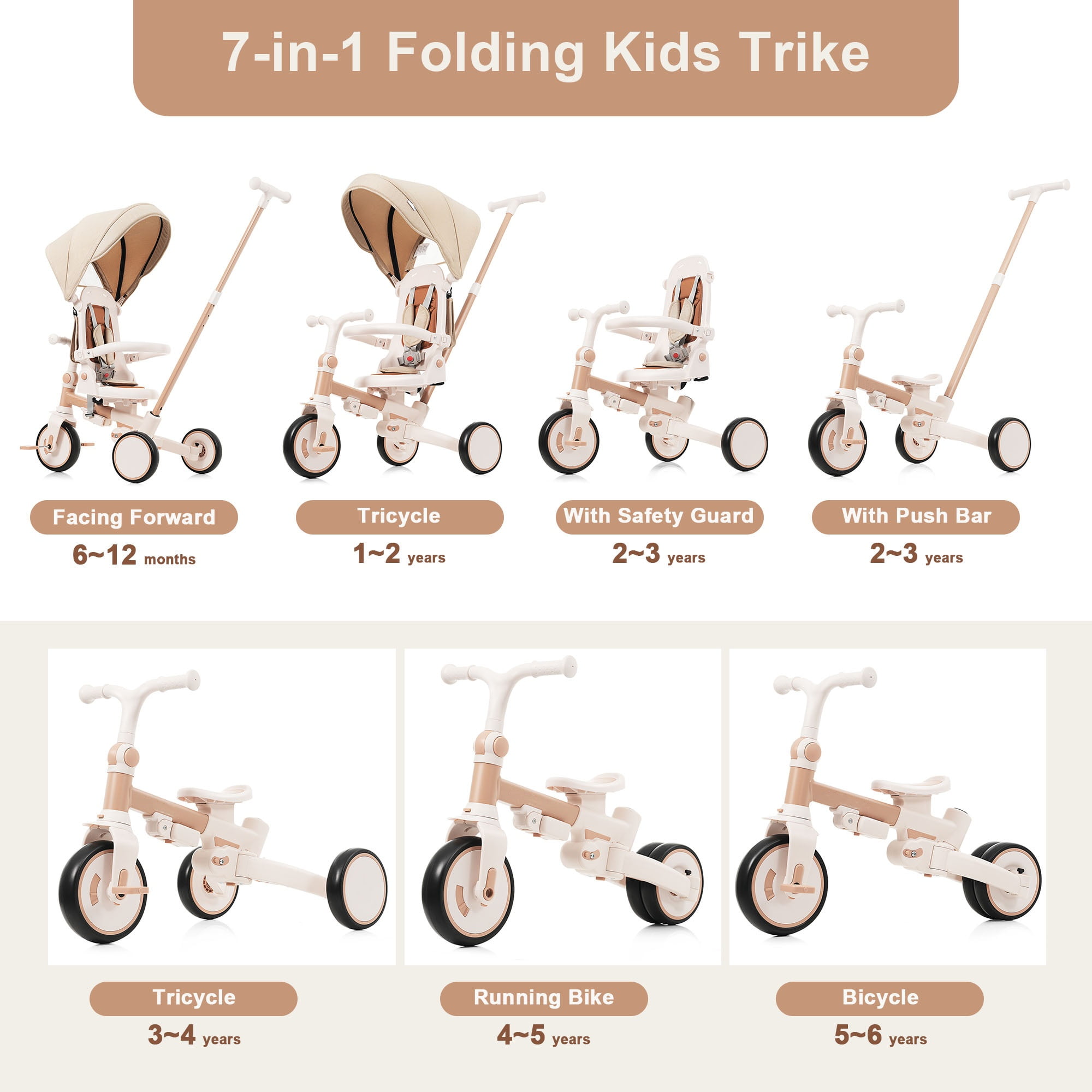 7-in-1 Baby Tricycle 1-6 Years Aluminum Frame with Canopy Push Handle 5-Point Harness for Kids Outdoor Ride