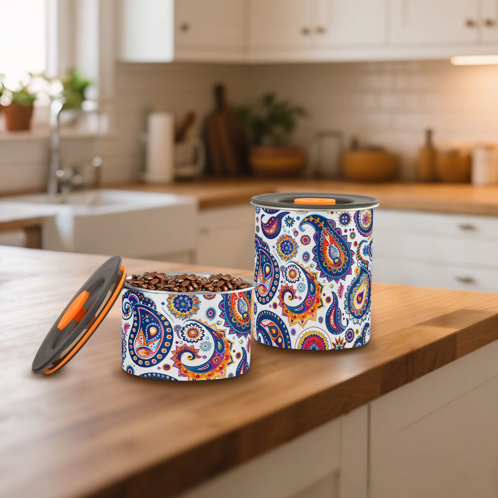 Colorful Paisley Flower Airtight Coffee Bean Canister 30oz Food Storage Containers with Lids For Gournd, Tea, Sugar, Flour, Rice, Cereal, Candy Cookie Jar