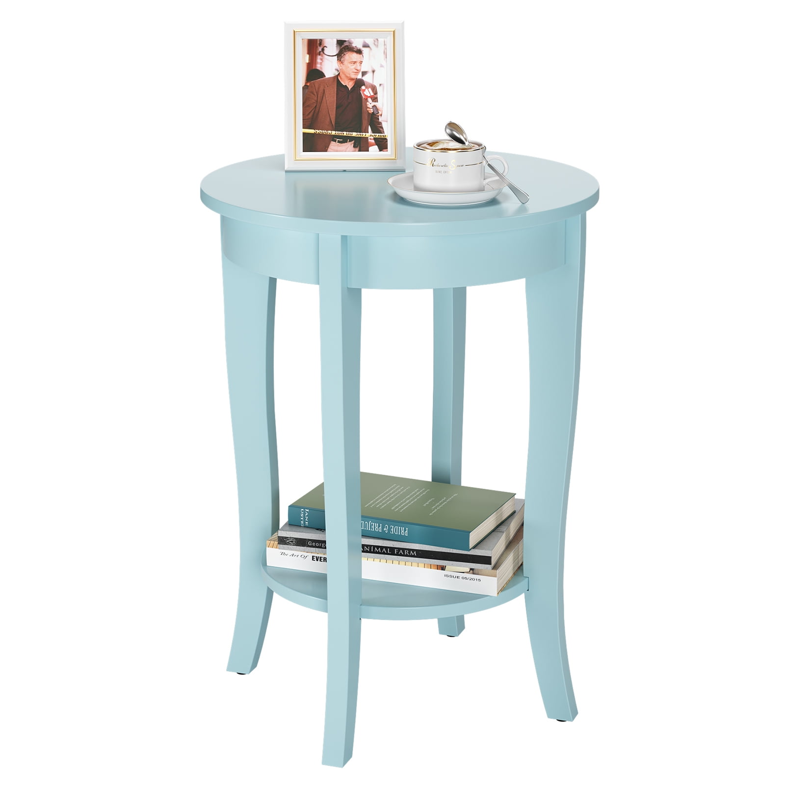 Yartaka Blue Finish Side Table, Round End Table with 2 Shelves, Living