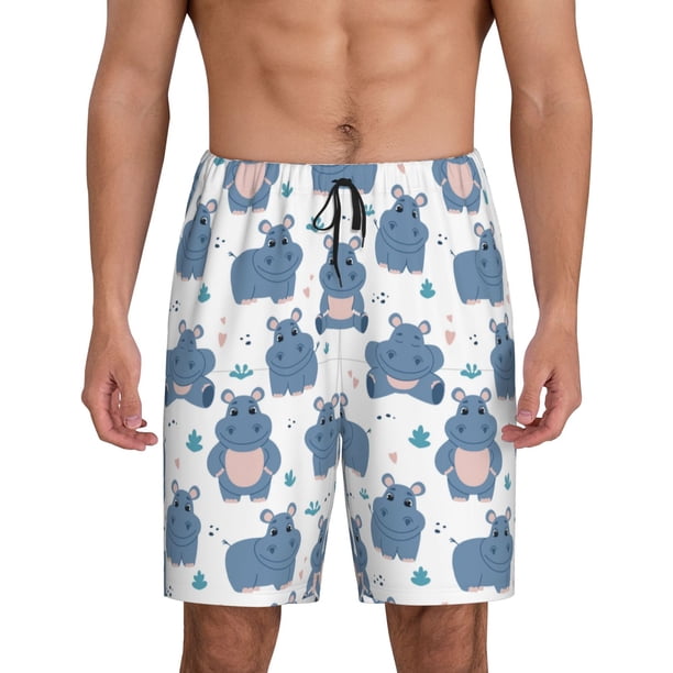Balery Cute Hippos Pantalones cortos de pijama de punto de algodón para hombre con cinturilla y bolsillos-Large