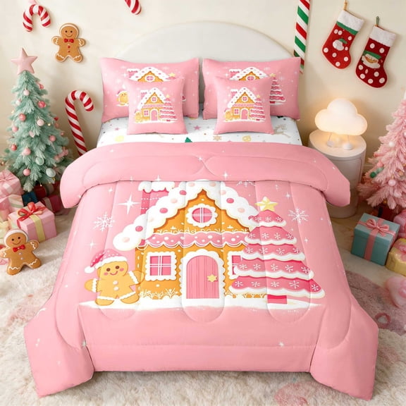 Manfei Gingerbread Twin Bedding 7pcs Christmas Bedding Comforter Set, Gray Green, Xmas Reversible