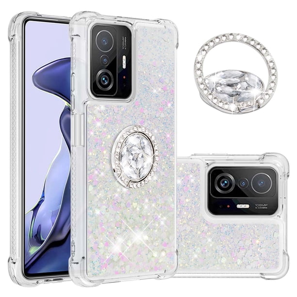 Funda para Xiaomi 11T/11T Pro 5G con Brillo Líquido Flotante, Purpurina, Parachoques y Anillo Giratorio Soporte