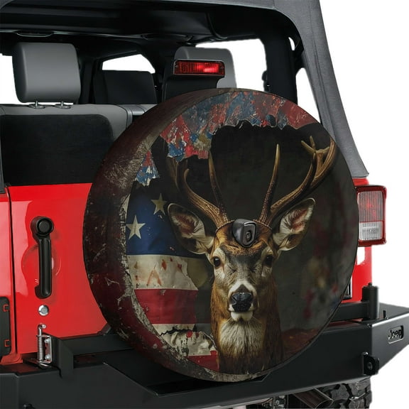Lotusprinthandmade Patriotic Deer America Flag Spare Tire Cover With Backup Camera Hole 6 Sizes (27 in.), america flag deer tire cover