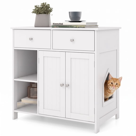 Vebreda Cat Litter Box Enclosure, Hidden Cat Washroom Side Cabinet Wooden Pet House with 2 Drawers, Multifunctional Design, Enhanced Privacy