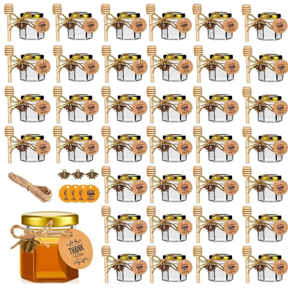 30 Pack Mini Honey Jars with Dipper - Glass Honey Jars Party Favors & Wedding Favors - Gold Lid, Bee Pendants, Gold Fabric Ribbons