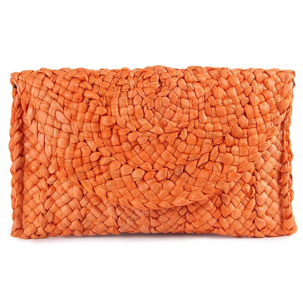 Women Straw Evening Clutch Purse Summer Beach Handbag Straw Woven Envelope Bag(Orange)