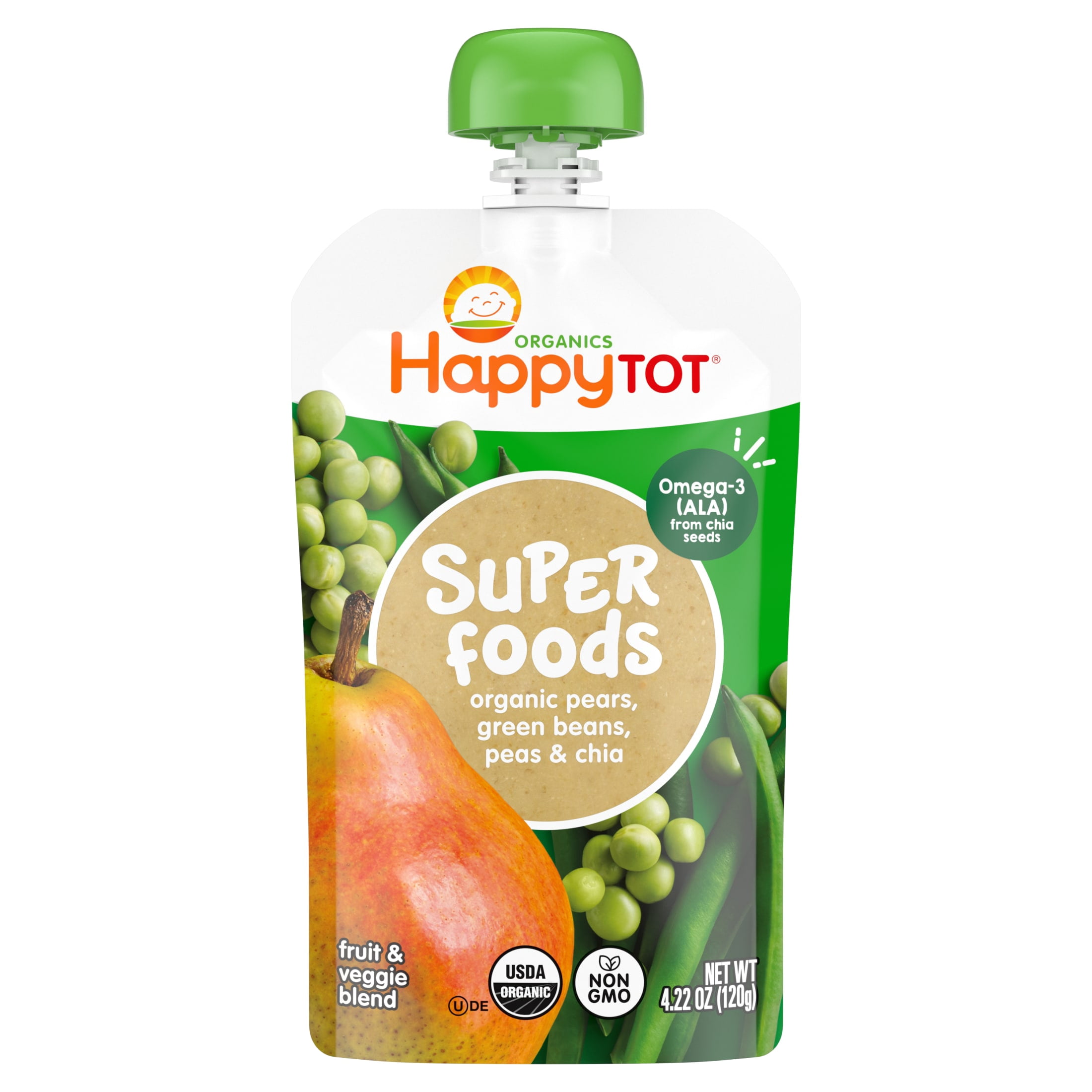 Happy Tot Organics Super Foods Stage 4, Pears Green Beans Peas & Super Chia, Organic Tot Food Pouches, 4.22 oz. (8 pack)