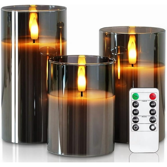Grey Glass Flameless Candles, Battery Operated LED Pillar Candles with Remote Control and Timer, Radiance Candles, Real Wax, Set of 3,D3 xH4 5" 6"