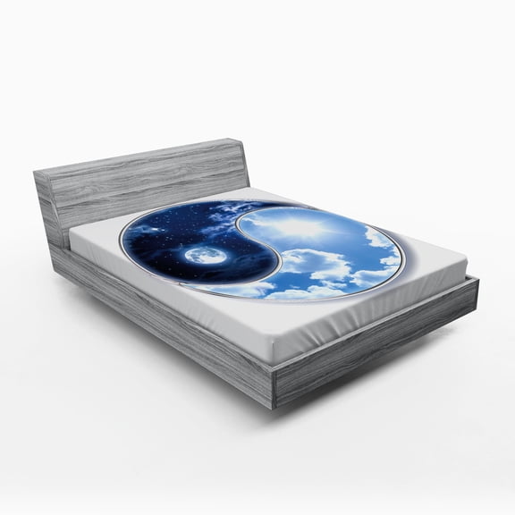 Ambesonne Space Fitted Sheet, Moon and Sun, Queen Size, Navy Blue Sky Blue White