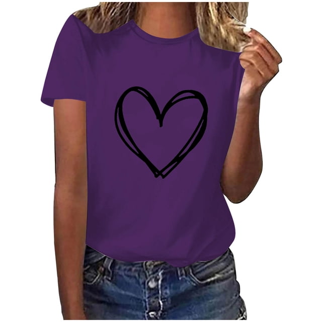 Diufon Hauts de la Saint-Valentin pour Femmes Tunique Décontractée à Manches Courtes Col Rond Chemise Tendance Mignonne Imprimée Graphique