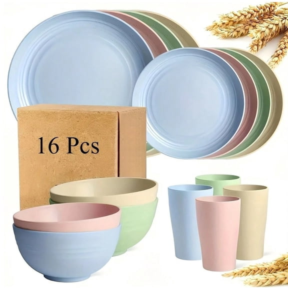 WFPXAMLZZMD 16-Piece Unbreakable Dinnerware Set,Premium Plastic Tableware Set, Microwave & Dishwasher Reusable Tableware Set. The Set Includes Dinner Plates, Dessert Plates, Bowls and Cups.