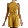 thumbnail image 2 of Aueoeo Hawaiian Outfits for Women, Women's Summer Casual Sleeveless Jumpsuits Solid Color Wide Leg Shorts Halter Jumpsuit Sexy Rompers with Pockets, 2 of 5
