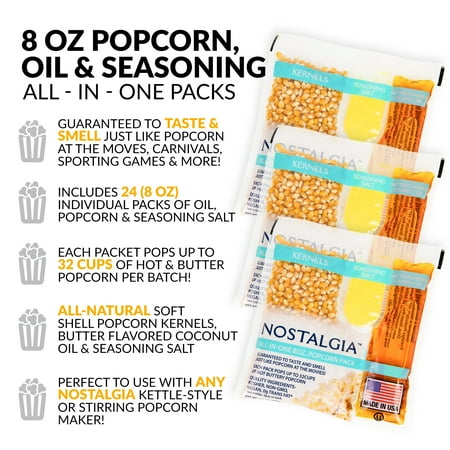 Nostalgia - KPP824 Best Tasting Premium 8-Ounce Popcorn, Oil & Seasoning Salt All-In-One Packs - 24 Count - Multi