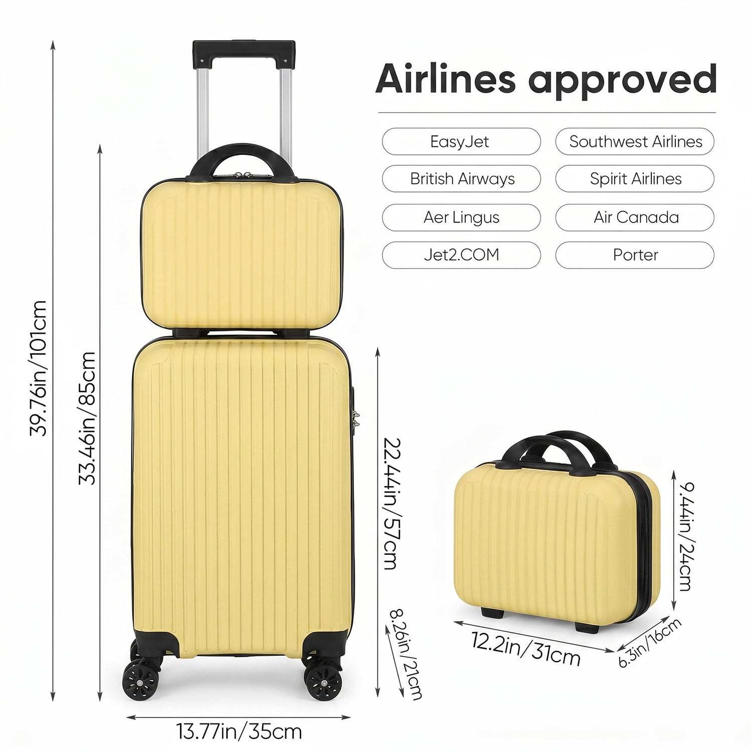2 Piece Vertical Striped Luggage Set, Carry On Hardside Suitcase with Spinner Wheels & TSA Lock, Lightweight Travel Luggage with Cosmetic Case Yellow